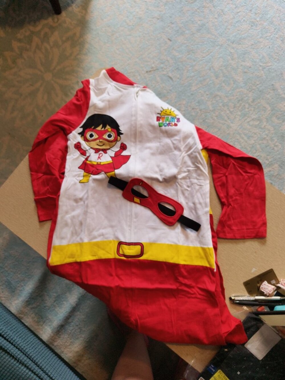 Ryan's World Kids Costume Red Superhero Jumpsuit Mask Cape Pajamas Halloween 8